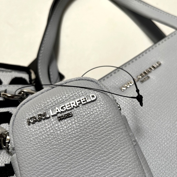 Karl Lagerfeld Tote Satchel Bag Gray Rhinestone Logo + Pouch Crossbody NWT $230 - Picture 5 of 9